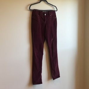 Corduroy, burgundy, stretch jean. Size Small.